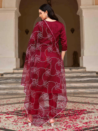 Maroon Cotton Blend White Embroidered Straight Shape Suit Set with Net Dupatta