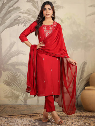 Maroon Chanderi Embroidered Suit et with Chiffon Dupatta