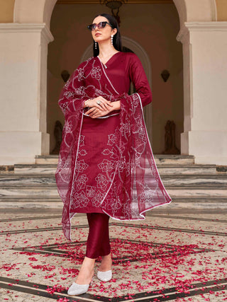 Maroon Cotton Blend White Embroidered Straight Shape Suit Set with Net Dupatta