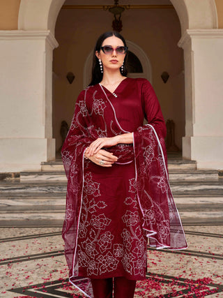 Maroon Cotton Blend White Embroidered Straight Shape Suit Set with Net Dupatta