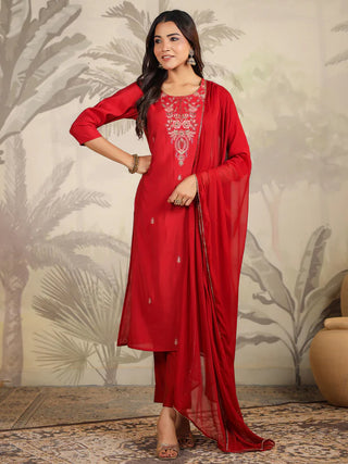 Maroon Chanderi Embroidered Suit et with Chiffon Dupatta