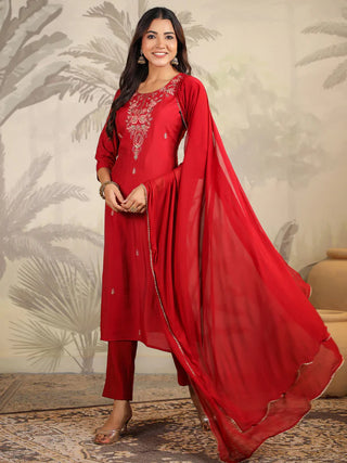 Maroon Chanderi Embroidered Suit et with Chiffon Dupatta