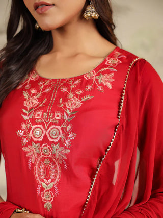 Maroon Chanderi Embroidered Suit et with Chiffon Dupatta