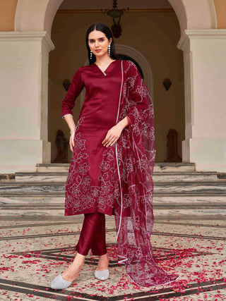 Maroon Cotton Blend White Embroidered Straight Shape Suit Set with Net Dupatta