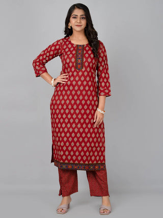 Maroon Cotton Printed Kurta Pant Set