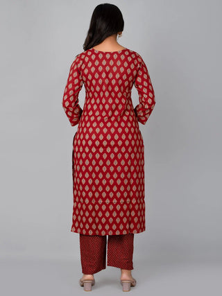 Maroon Cotton Printed Kurta Pant Set