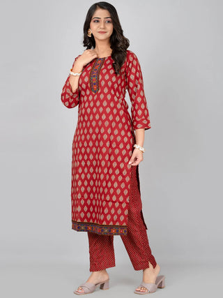 Maroon Cotton Printed Kurta Pant Set