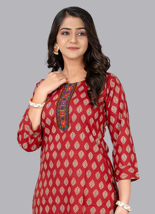 Maroon Cotton Printed Kurta Pant Set