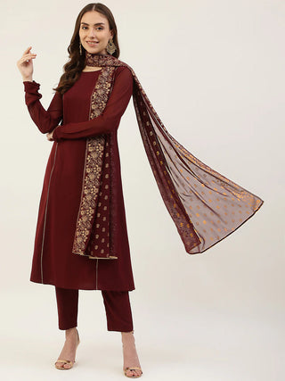 Maroon Poly Crepe Suit Set with Georgette Foil Print Dupatta