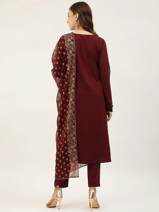 Maroon Poly Crepe Suit Set with Georgette Foil Print Dupatta