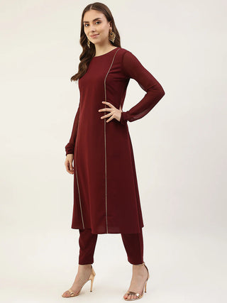 Maroon Poly Crepe Suit Set with Georgette Foil Print Dupatta