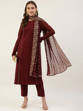 Maroon Poly Crepe Suit Set with Georgette Foil Print Dupatta