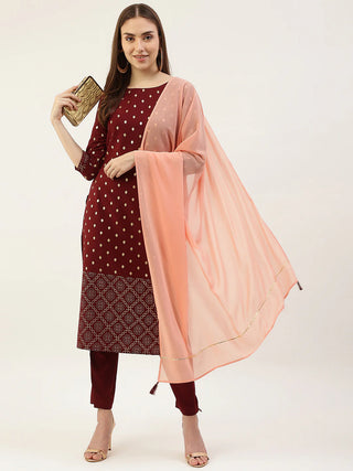 Maroon Poly Crepe Foil Print Suit Set with Organza Dupatta