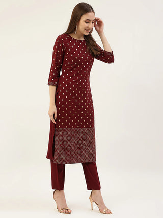 Maroon Poly Crepe Foil Print Suit Set with Organza Dupatta