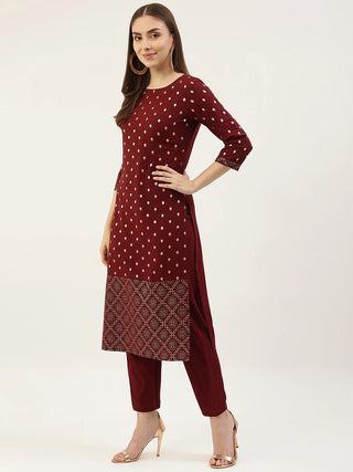 Maroon Poly Crepe Foil Print Suit Set with Organza Dupatta