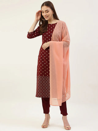 Maroon Poly Crepe Foil Print Suit Set with Organza Dupatta