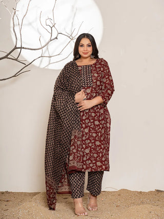 Maroon Cotton Floral Print Suit Set with Dupatta