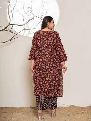 Maroon Cotton Floral Print Suit Set with Dupatta