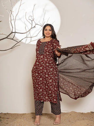 Maroon Cotton Floral Print Suit Set with Dupatta