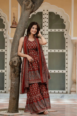 Maroon Pure Cotton Printed Sharara Set with Dupatta