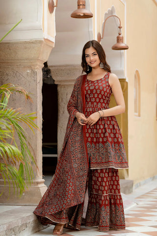 Maroon Pure Cotton Printed Sharara Set with Dupatta