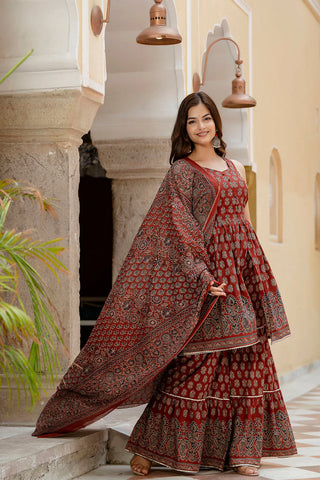 Maroon Pure Cotton Printed Sharara Set with Dupatta