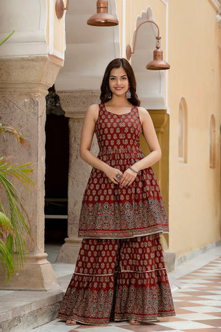 Maroon Pure Cotton Printed Sharara Set with Dupatta