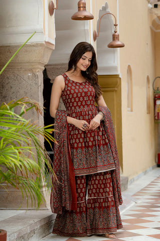 Maroon Pure Cotton Printed Sharara Set with Dupatta