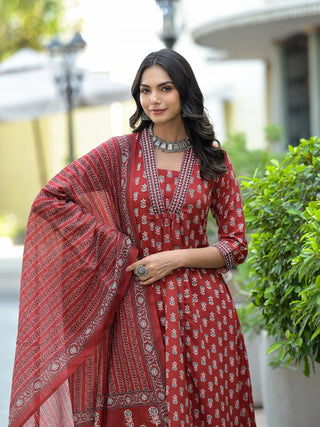 Maroon Viscose Printed & Embroidered Straight Shape Suit Set with Chanderi Cotton Dupatta