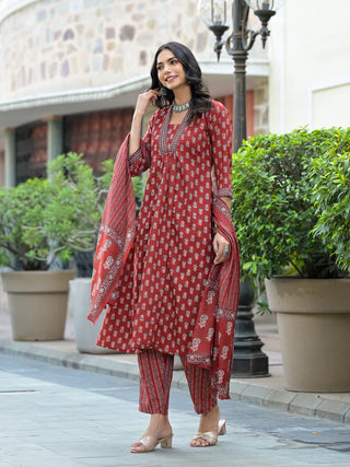 Maroon Viscose Printed & Embroidered Straight Shape Suit Set with Chanderi Cotton Dupatta