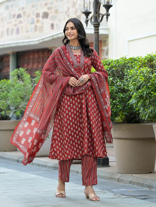 Maroon Viscose Printed & Embroidered Straight Shape Suit Set with Chanderi Cotton Dupatta