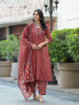 Maroon Viscose Printed & Embroidered Straight Shape Suit Set with Chanderi Cotton Dupatta