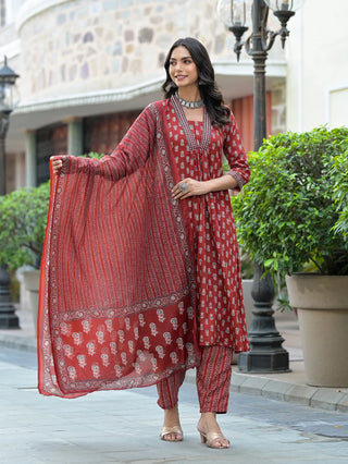 Maroon Viscose Printed & Embroidered Straight Shape Suit Set with Chanderi Cotton Dupatta