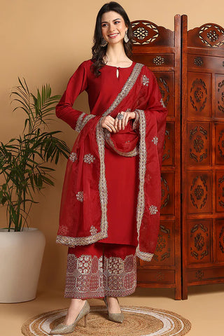 Maroon Silk Blend Embroidered Straight Shape Suit Set with Dupatta