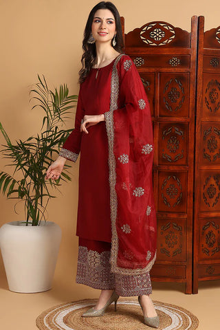 Maroon Silk Blend Embroidered Straight Shape Suit Set with Dupatta