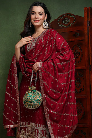 Maroon Silk Blend Embroidered Straight Shape Suit Set with Dupatta