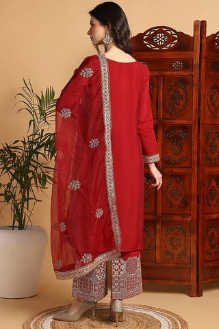 Maroon Silk Blend Embroidered Straight Shape Suit Set with Dupatta