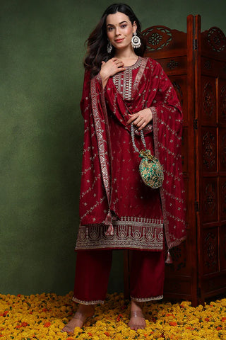 Maroon Silk Blend Embroidered Straight Shape Suit Set with Dupatta