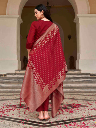 Maroon Silk Blend Zari Embroidered Straight Shape Suit Set with Art Silk Dupatta