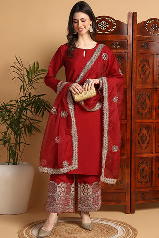 Maroon Silk Blend Embroidered Straight Shape Suit Set with Dupatta