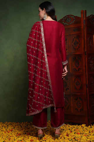 Maroon Silk Blend Embroidered Straight Shape Suit Set with Dupatta