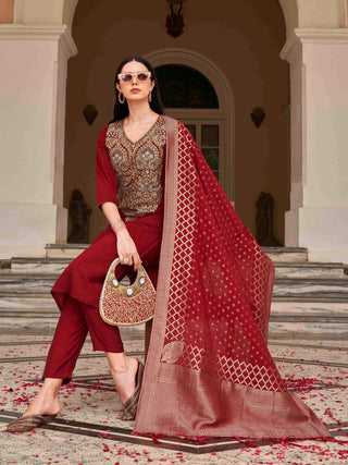 Maroon Silk Blend Zari Embroidered Straight Shape Suit Set with Art Silk Dupatta