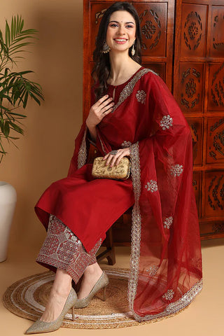 Maroon Silk Blend Embroidered Straight Shape Suit Set with Dupatta