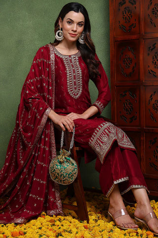 Maroon Silk Blend Embroidered Straight Shape Suit Set with Dupatta