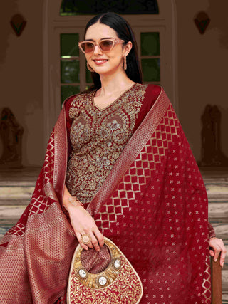 Maroon Silk Blend Zari Embroidered Straight Shape Suit Set with Art Silk Dupatta