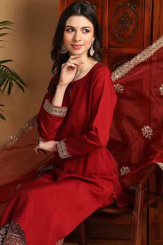 Maroon Silk Blend Embroidered Straight Shape Suit Set with Dupatta