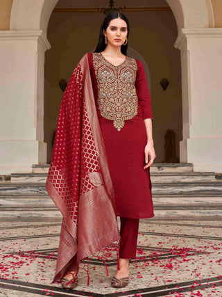 Maroon Silk Blend Zari Embroidered Straight Shape Suit Set with Art Silk Dupatta