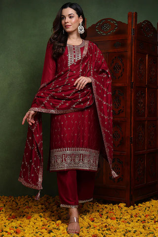 Maroon Silk Blend Embroidered Straight Shape Suit Set with Dupatta