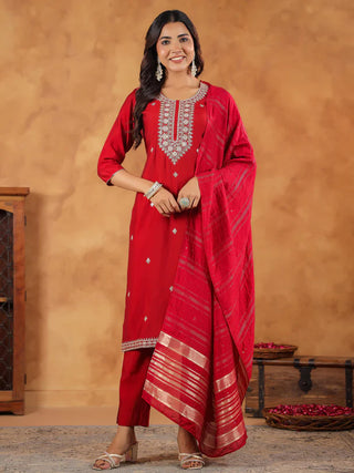 Maroon Chanderi Embroidered Suit Set with Dupatta