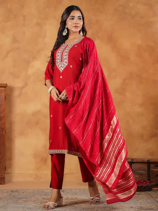 Maroon Chanderi Embroidered Suit Set with Dupatta